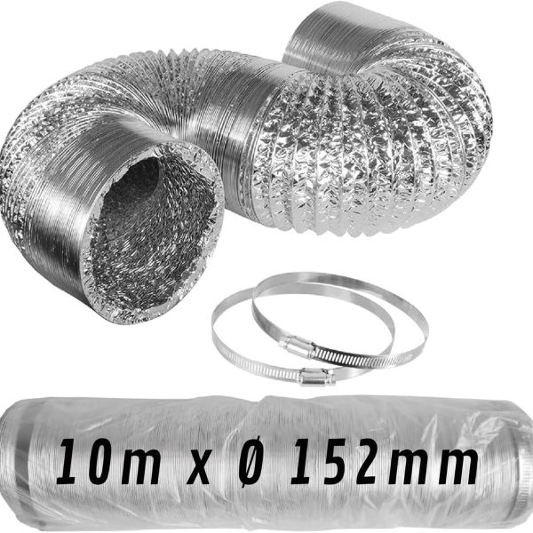 CONTROL GARDEN Tubo Flexible de Aluminio Plateado Ø 152 mm 10 m con Abrazaderas – Conducto de Aire para Ventilación y Extractores