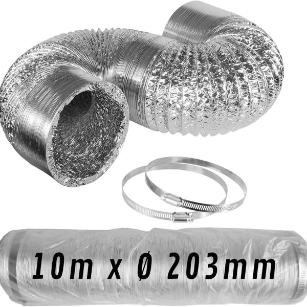 CONTROL GARDEN Tubo Flexible de Aluminio Plateado Ø 203 mm 10 m con Abrazaderas – Conducto de Aire para Ventilación y Extractores