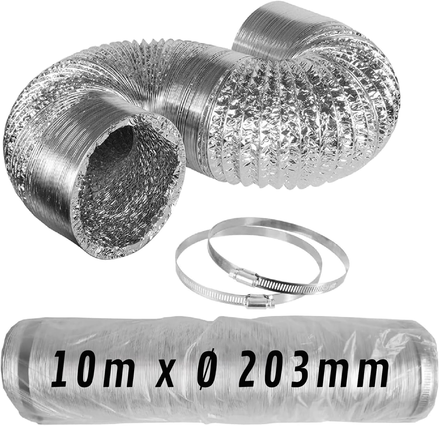 CONTROL GARDEN Tubo Flexible de Aluminio Plateado Ø 203 mm 10 m con Abrazaderas – Conducto de Aire para Ventilación y Extractores