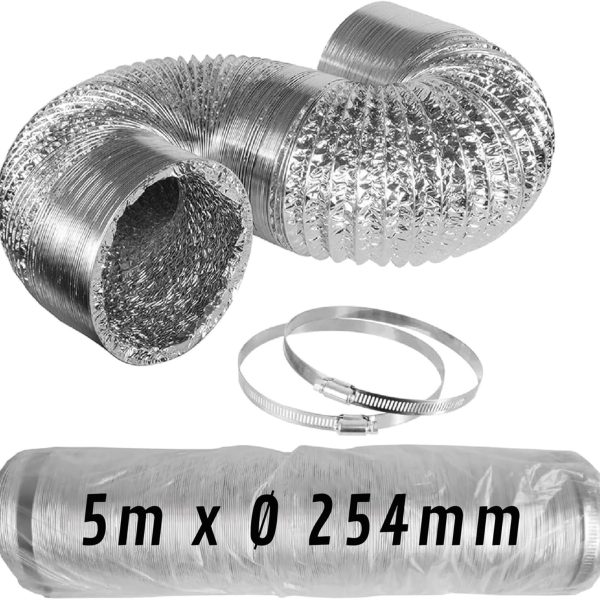 CONTROL GARDEN Tubo Flexible de Aluminio Plateado Ø 254 mm 5 m con Abrazaderas – Conducto de Aire para Ventilación y Extractores