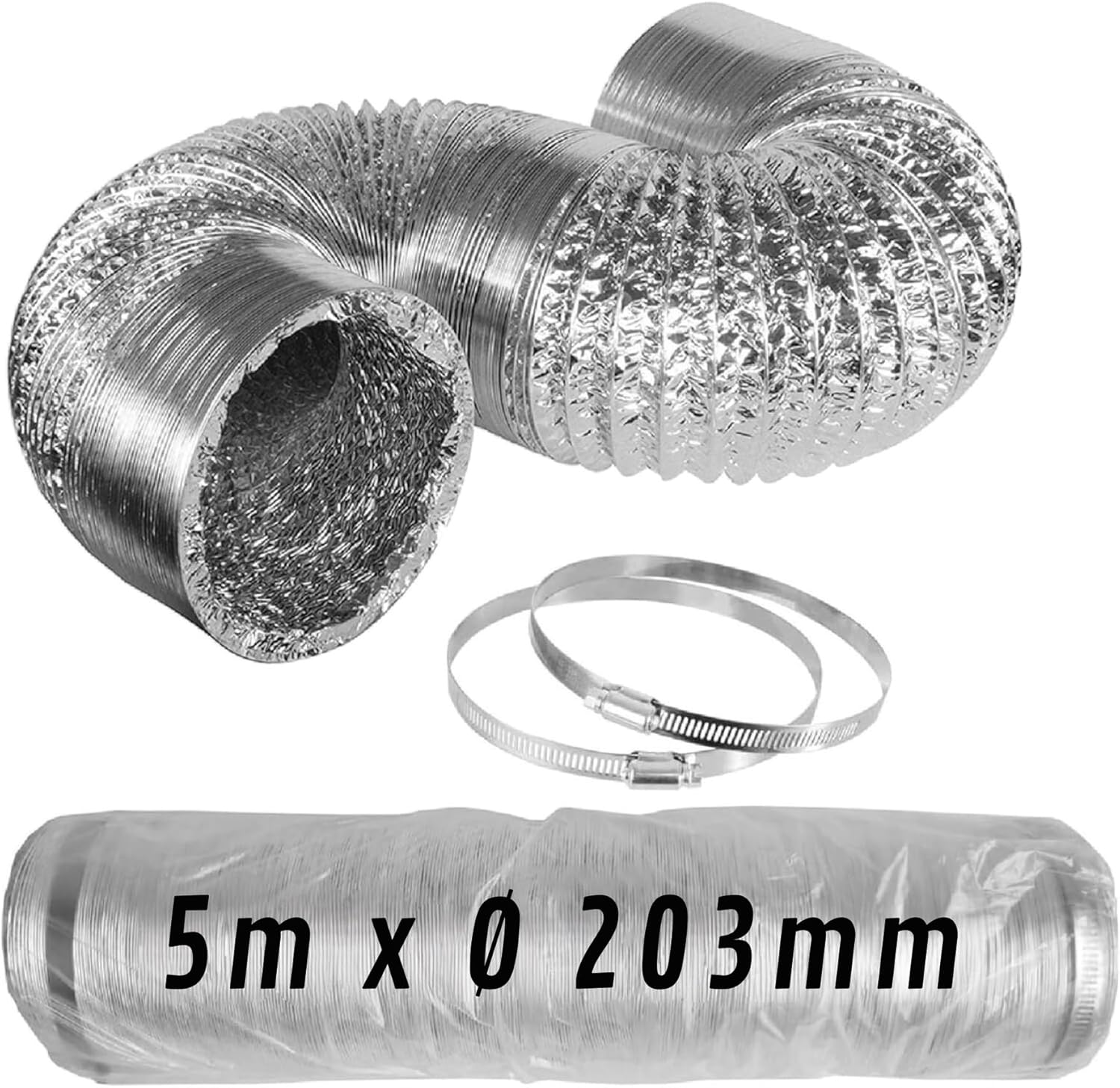 CONTROL GARDEN Tubo Flexible de Aluminio Plateado Ø 203 mm 5 m con Abrazaderas – Conducto de Aire para Ventilación y Extractores