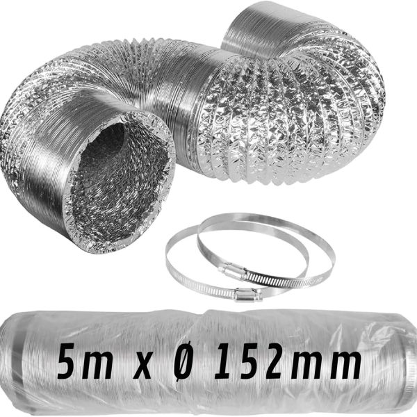 CONTROL GARDEN Tubo Flexible de Aluminio Plateado Ø 152 mm 5 m con Abrazaderas – Conducto de Aire para Ventilación y Extractores