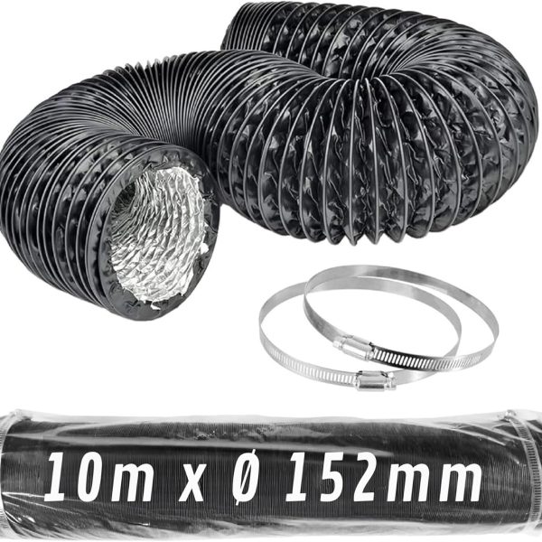 CONTROL GARDEN Tubo Flexible de Aluminio Negro Ø 152 mm 10 m con Abrazaderas – Conducto de Aire para Ventilación y Extractores