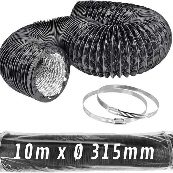 CONTROL GARDEN Tubo Flexible de Aluminio Negro Ø 315 mm 10 m con Abrazaderas – Conducto de Aire para Ventilación y Extractores