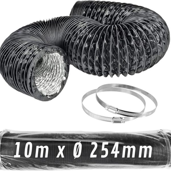 CONTROL GARDEN Tubo Flexible de Aluminio Negro Ø 254 mm 10 m con Abrazaderas – Conducto de Aire para Ventilación y Extractores