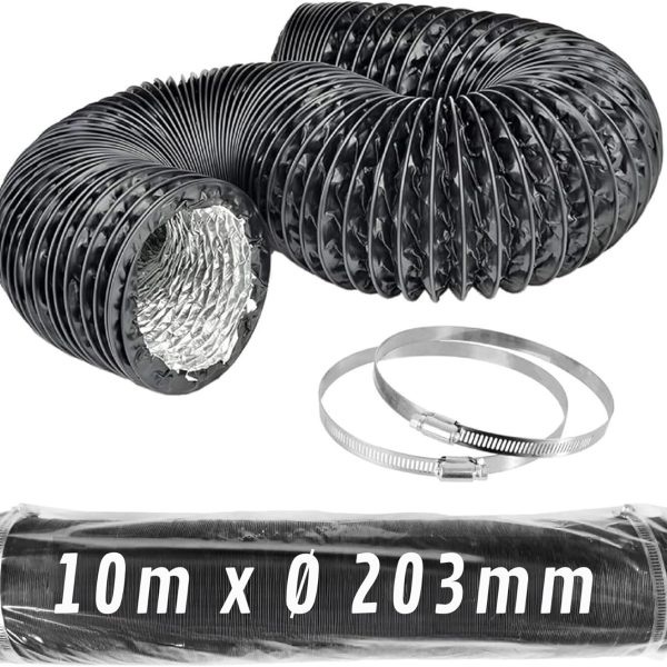 CONTROL GARDEN Tubo Flexible de Aluminio Negro Ø 203 mm 10 m con Abrazaderas – Conducto de Aire para Ventilación y Extractores