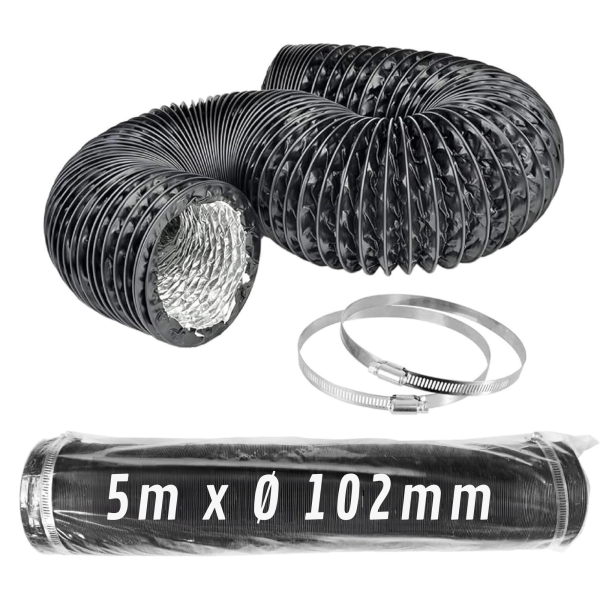 CONTROL GARDEN Tubo Flexible de Aluminio Negro Ø 102 mm 5 m con Abrazaderas – Conducto de Aire para Ventilación y Extractores