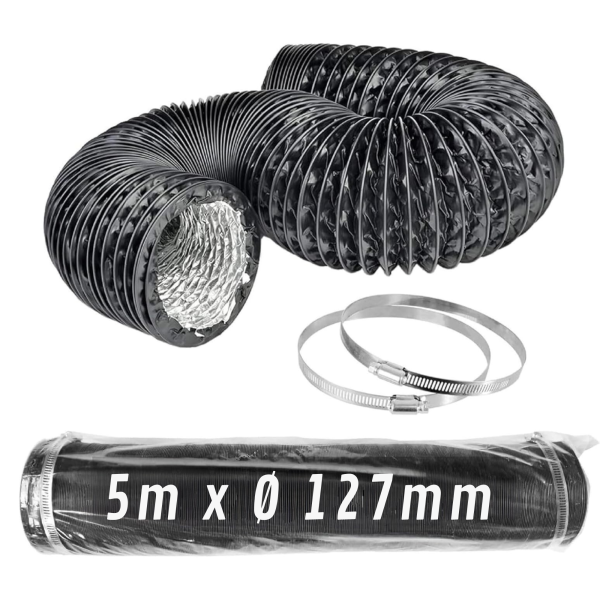 CONTROL GARDEN Tubo Flexible de Aluminio Negro Ø 127 mm 5 m con Abrazaderas – Conducto de Aire para Ventilación y Extractores